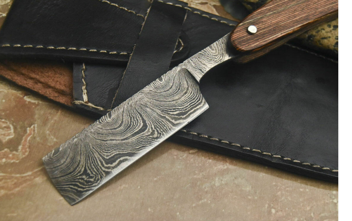 Handmade Damascus Steel Razor With Leather Sheath