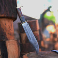 Premium Handmade Damascus Steel Rambo Knife with Brass Wood Handle & Leather Sheath