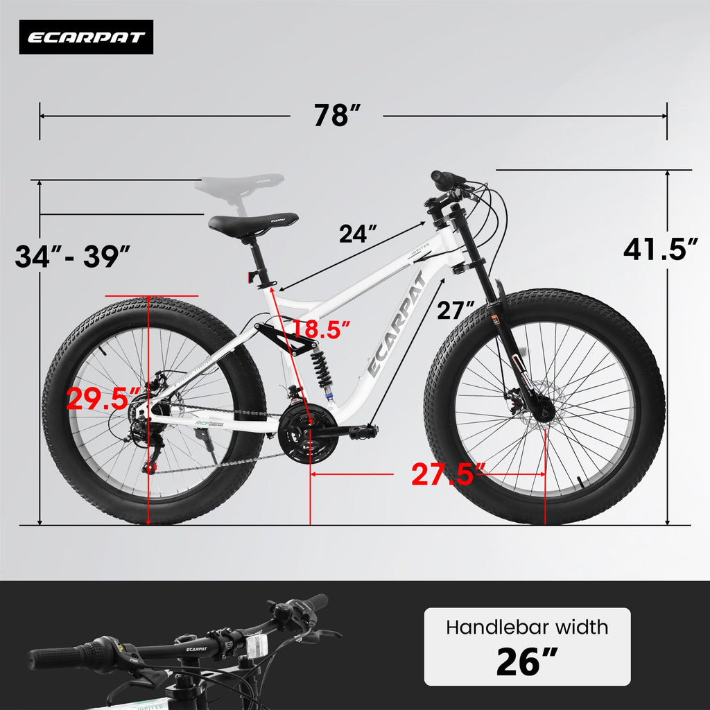 26" Men's Full-Suspension Fat Tire Mountain Bike (Black) - Shimano 21-Speed & Dual Disc Brakes