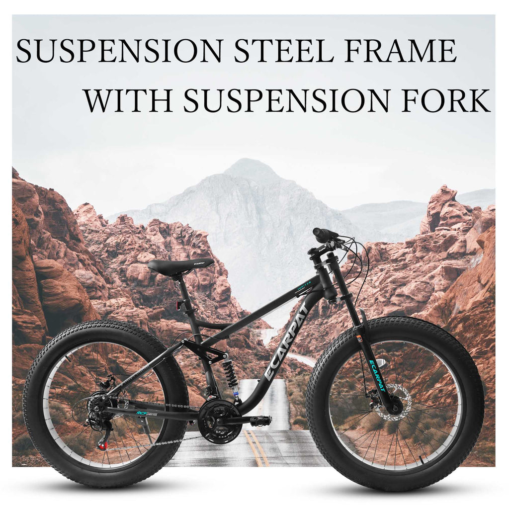 26" Men's Full-Suspension Fat Tire Mountain Bike (Black) - Shimano 21-Speed & Dual Disc Brakes