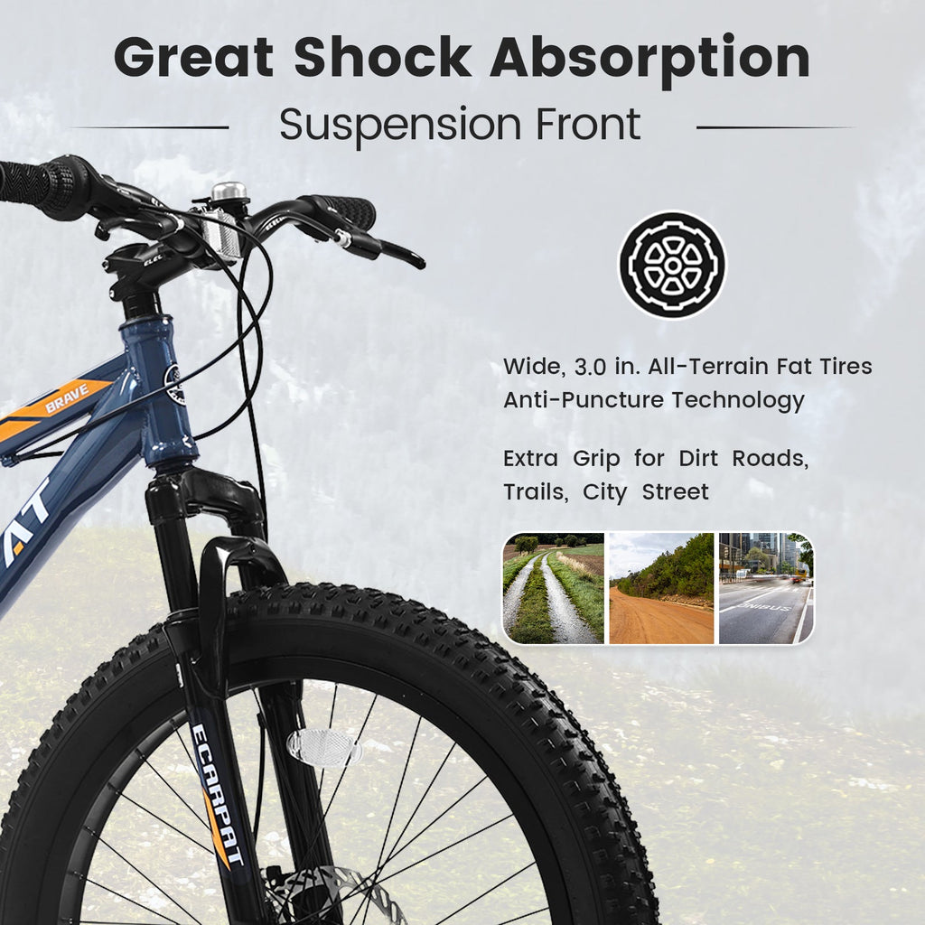 24" Elecony Youth Fat Tire Mountain Bike - Shimano 7-Speed, Dual Disc Brakes & Front Suspension