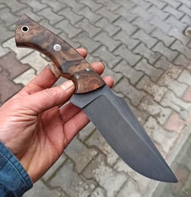 Hunting Knife 1075 Carbon Steel and Walnut Wood Handle - Blacksmith Made Camping Knife - Tactical Knife - Survival Knife with Sheath