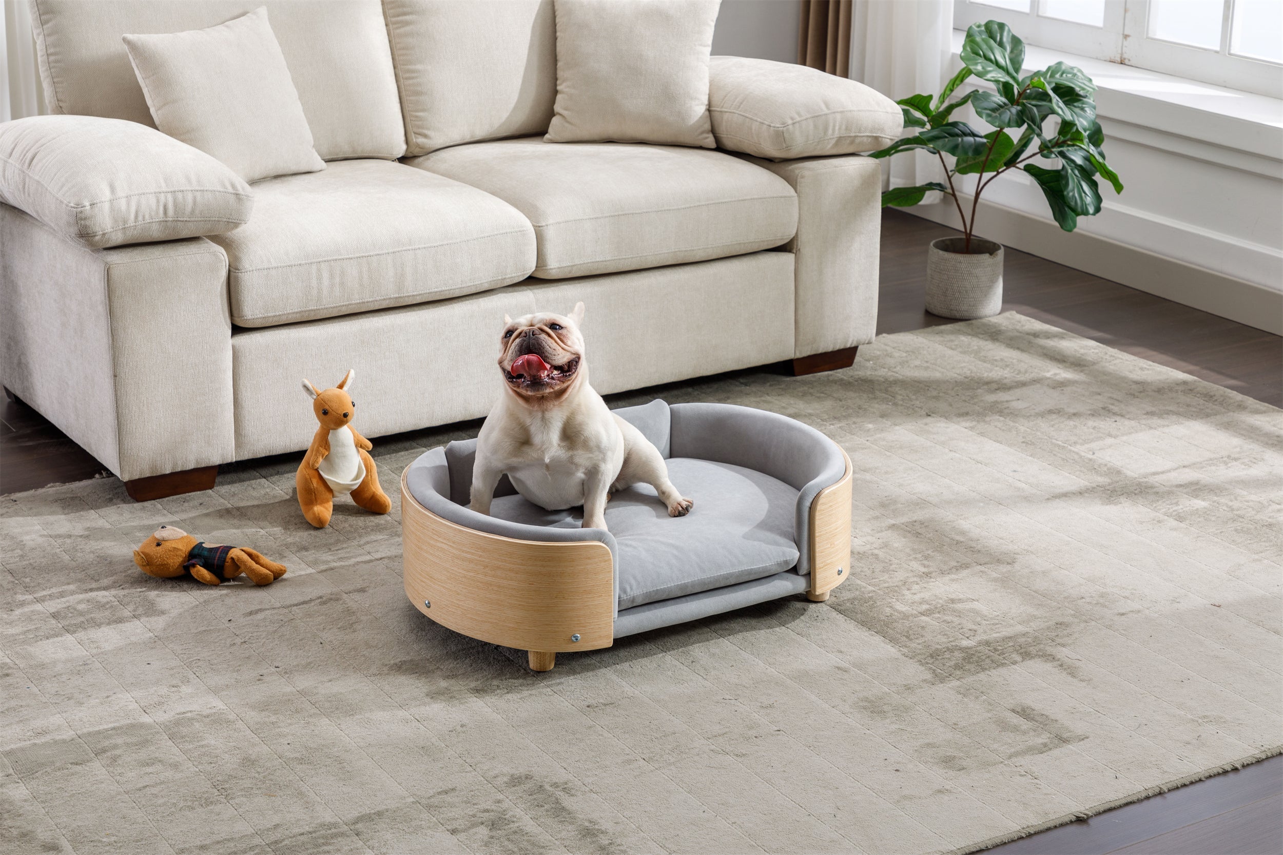 Scandinavian Style Elevated Dog Bed Sofa Velvet Cushion Mid Size Light Grey