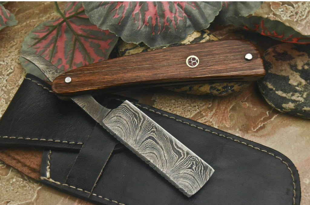 Handmade Damascus Steel Razor With Leather Sheath