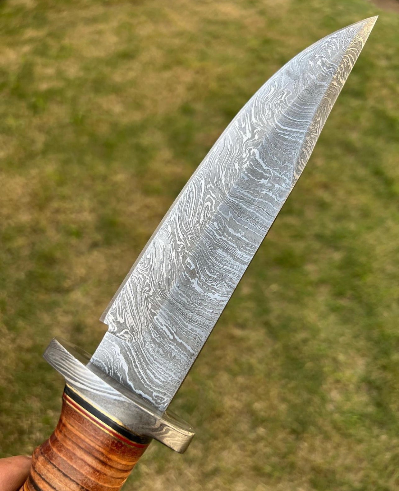 Exquisite Damascus Hunting Knife with Stacked Leather Handle | Limited Edition | cskforged store"
