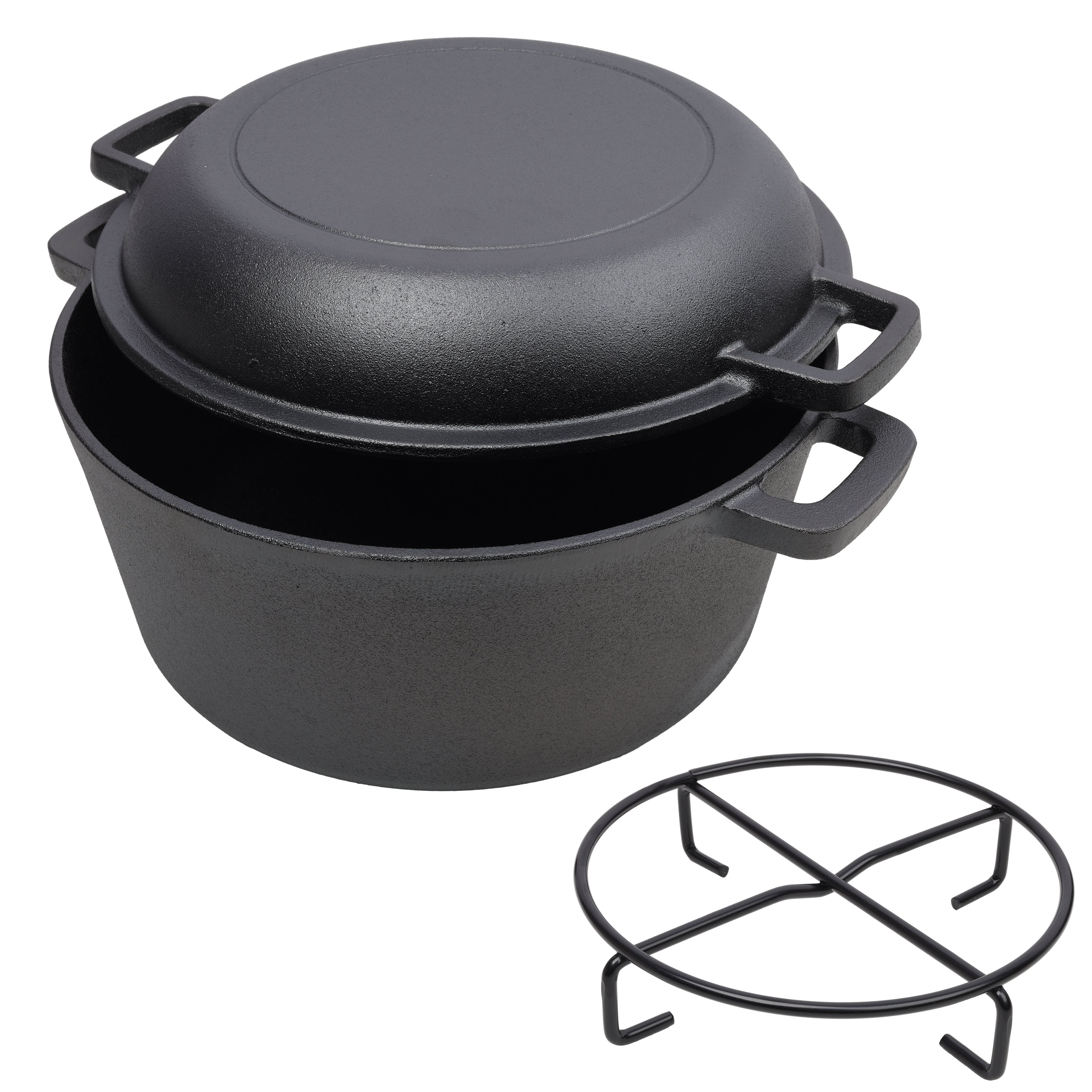 2 in 1 Pre-Seasoned Cast Iron Dutch Oven With Dual Handles.