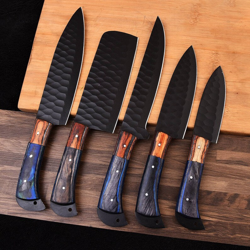 Hand Forged Damascus steel chef set of 5 knives Kitchen knife Gift for her Christmas gift Camping knife Gift for him Groomsmen gift