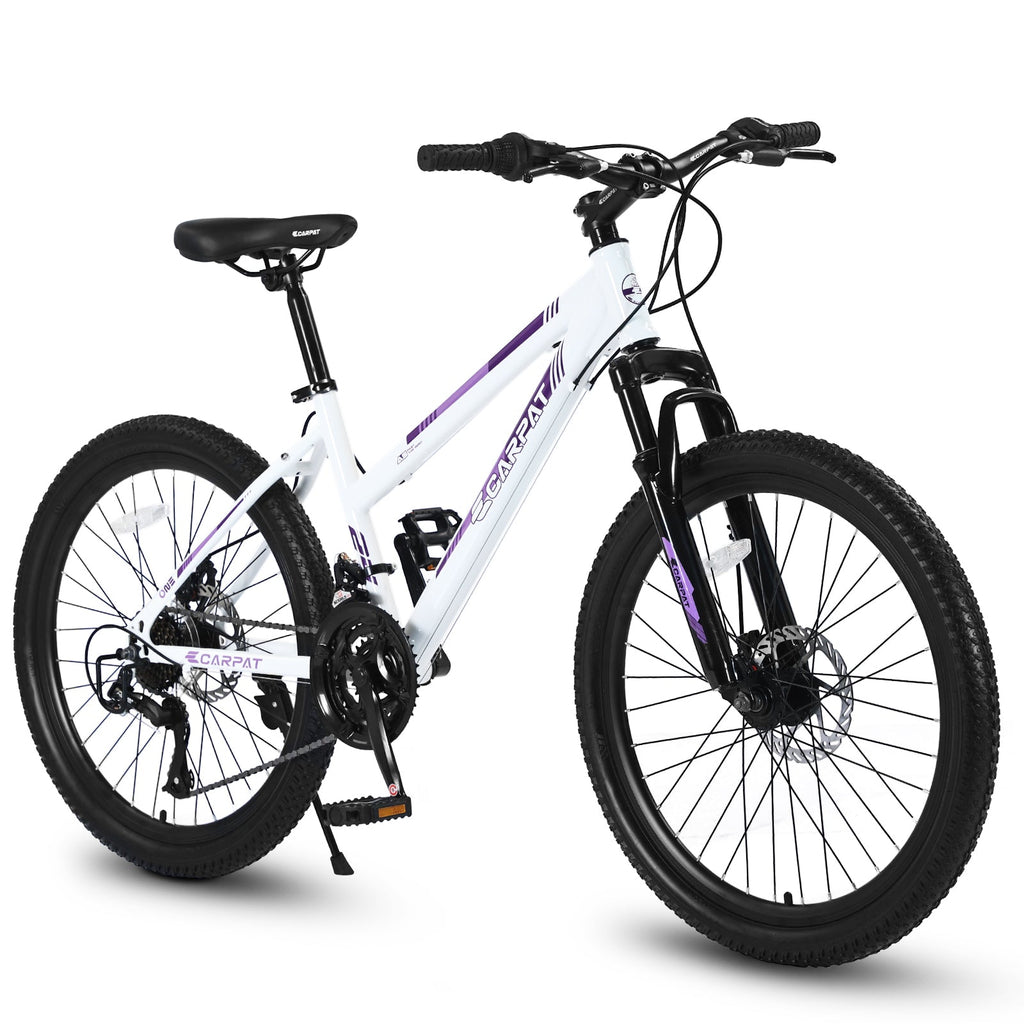 24" Women & Teen Mountain Bike (White/Pink) - Shimano 21-Speed, Dual Disc Brakes & 100mm Front Suspension