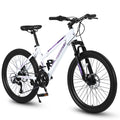 24" Women & Teen Mountain Bike (White/Pink) - Shimano 21-Speed, Dual Disc Brakes & 100mm Front Suspension