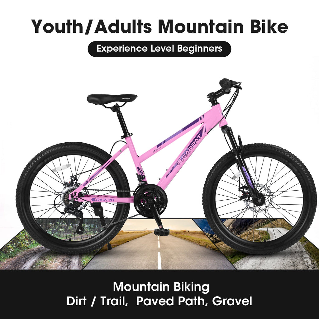 24" Women & Teen Mountain Bike (White/Pink) - Shimano 21-Speed, Dual Disc Brakes & 100mm Front Suspension
