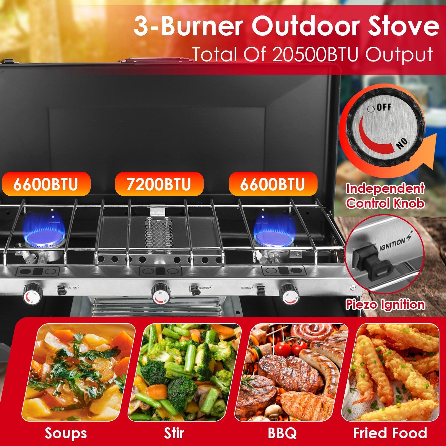 3 Burner Camping Stove Portable Foldable Propane Stove