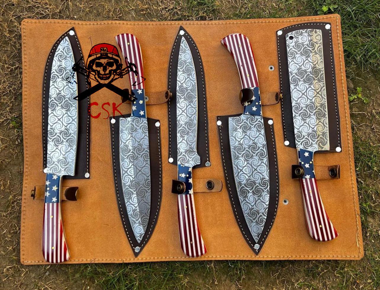 5 pieces D2 steel USA Flag kitchen chef knives