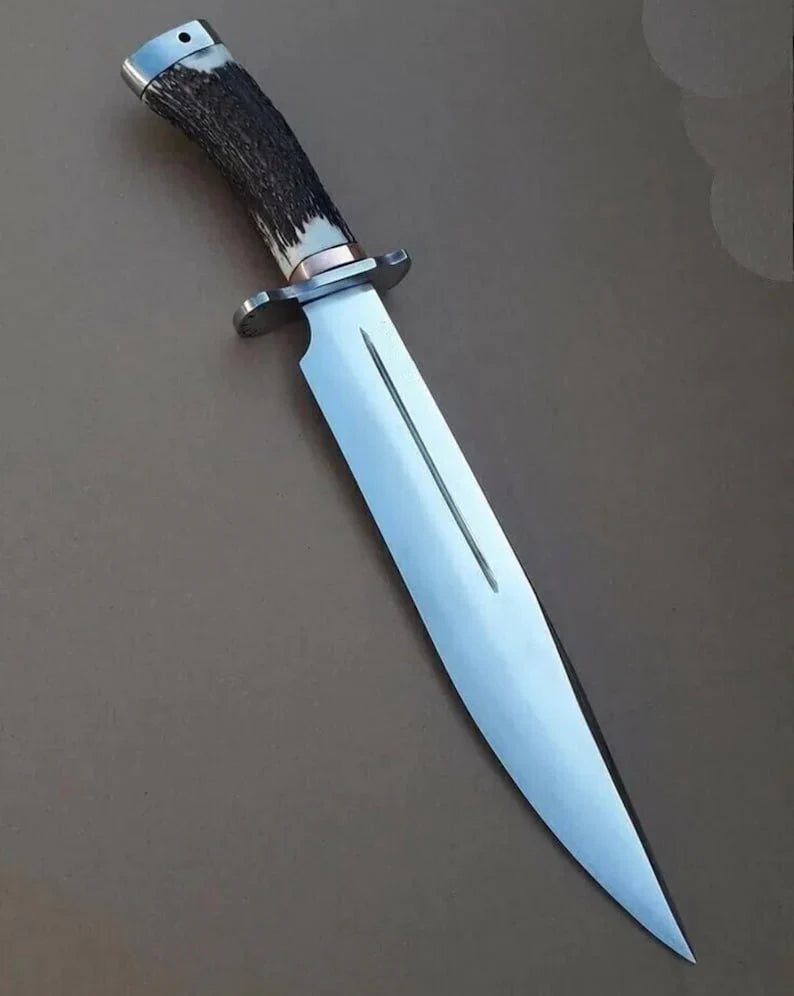 New Custom Handmade D2 Tool Steel Hunting Camping Knife with Stag Handle and Pure Leather Sheath