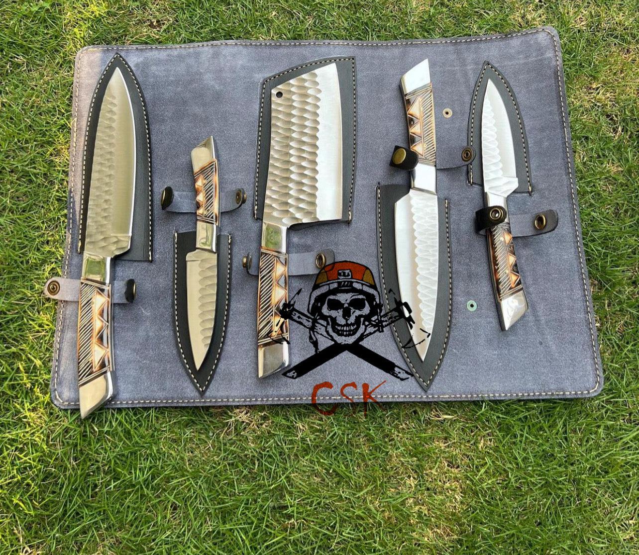 (5PCS)Hand Forged J2 steel Fixed Blade XL Kitchen set