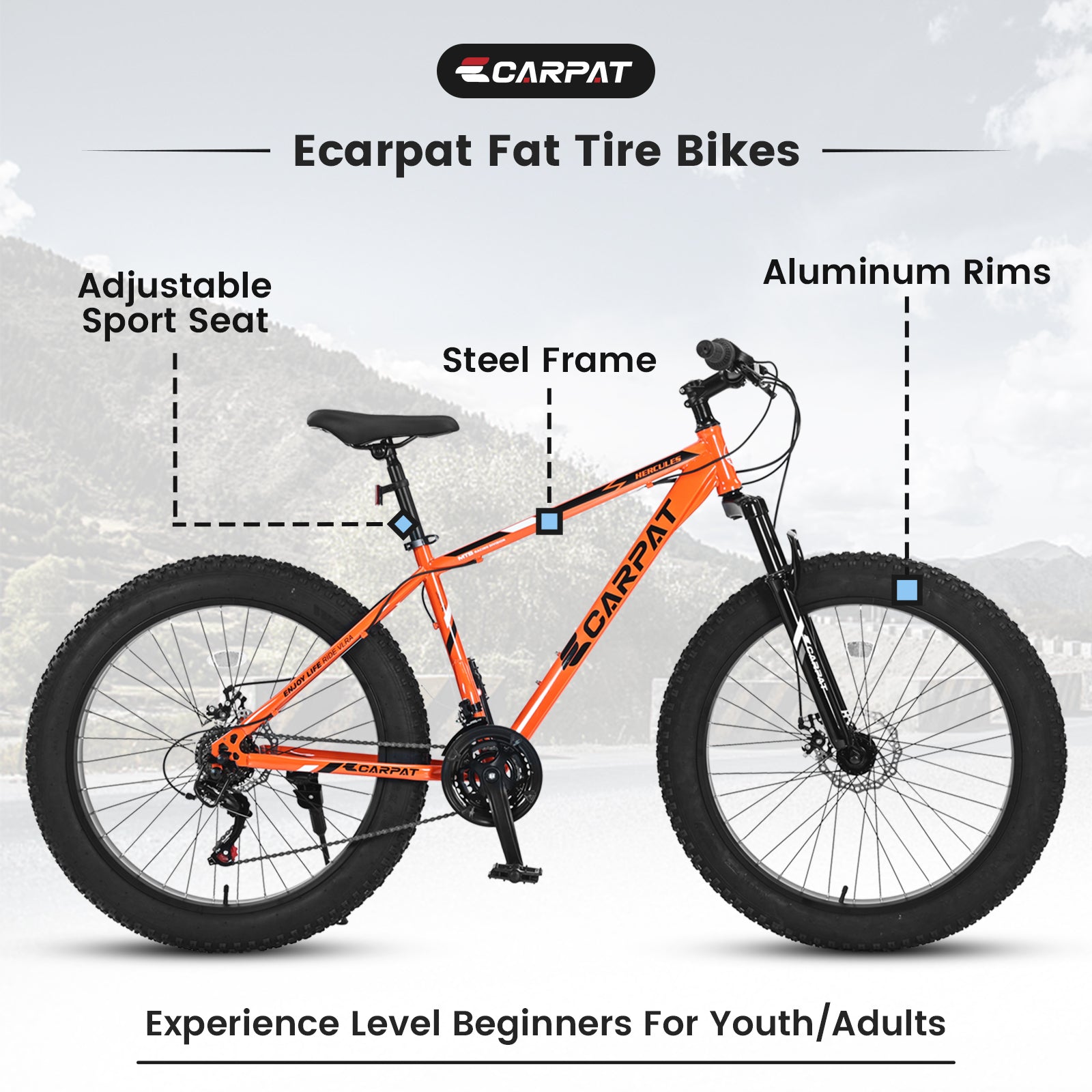 26" Elecony Fat Tire Mountain Bike (Orange) - Shimano 21-Speed, Dual Disc Brakes & Front Suspension