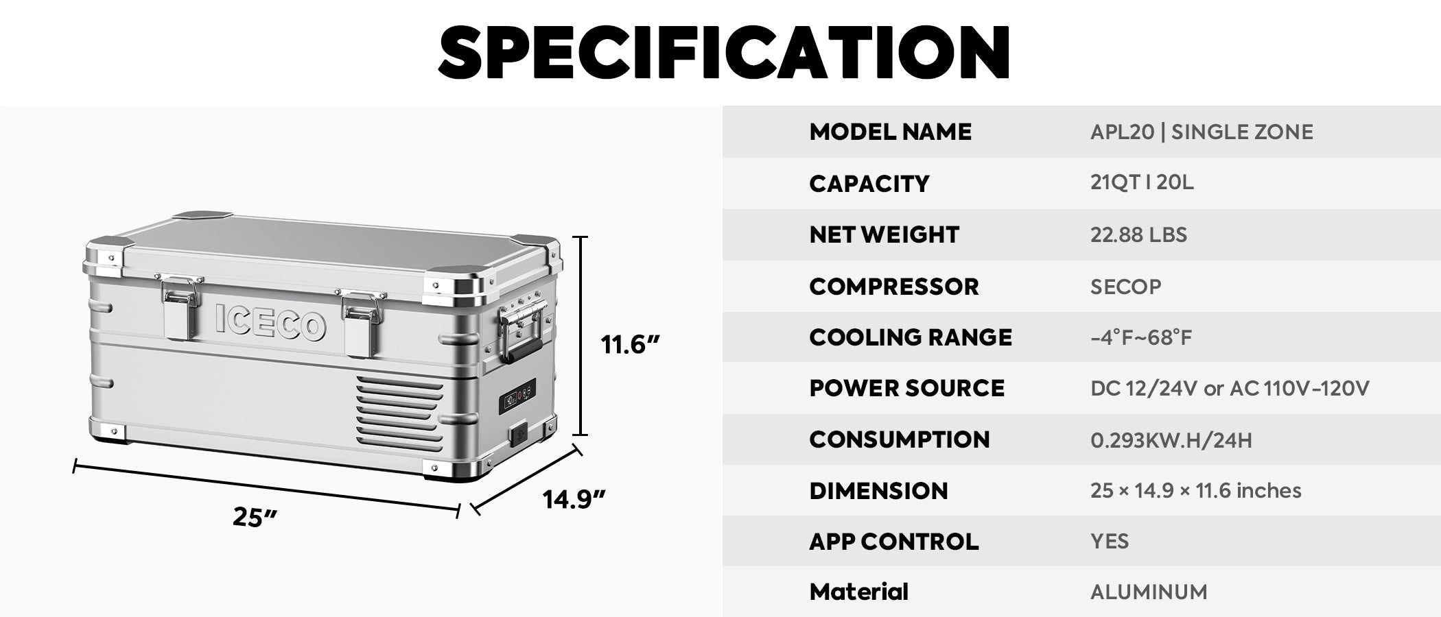 APL20 Light Duty Aluminum Freezer Single Zone 20 LT