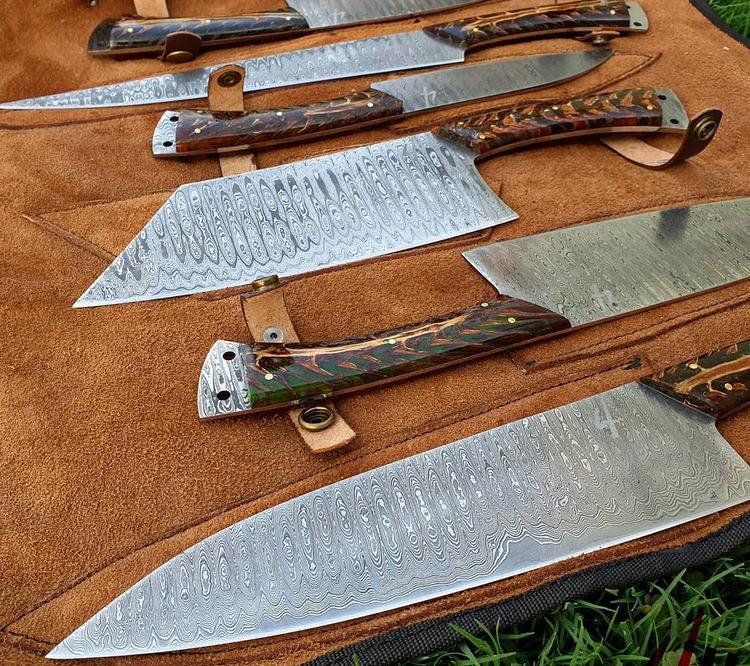 6 pieces custom made Damascus steel chef knives set