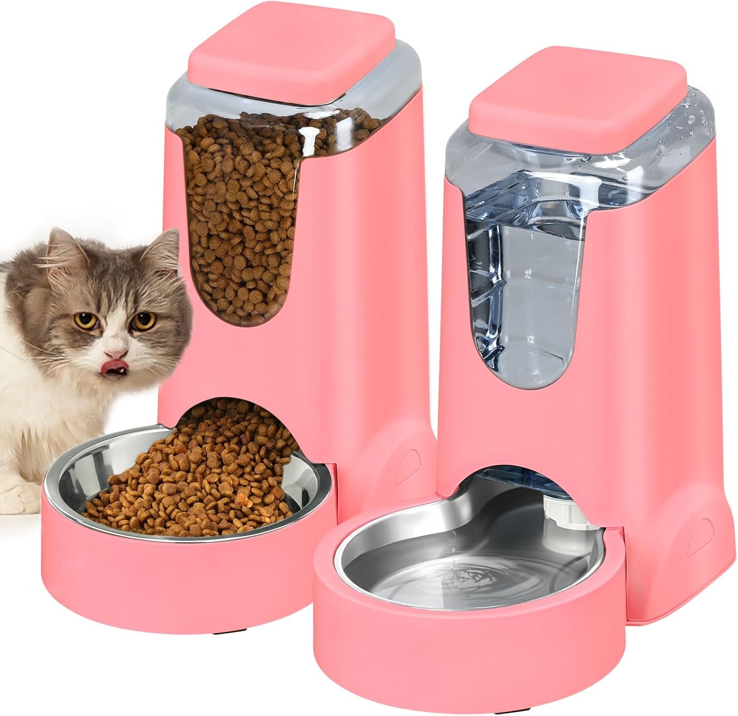 Automatic Cat Feeder & Water Dispenser Set, Steel Bowls, 1 Gallon