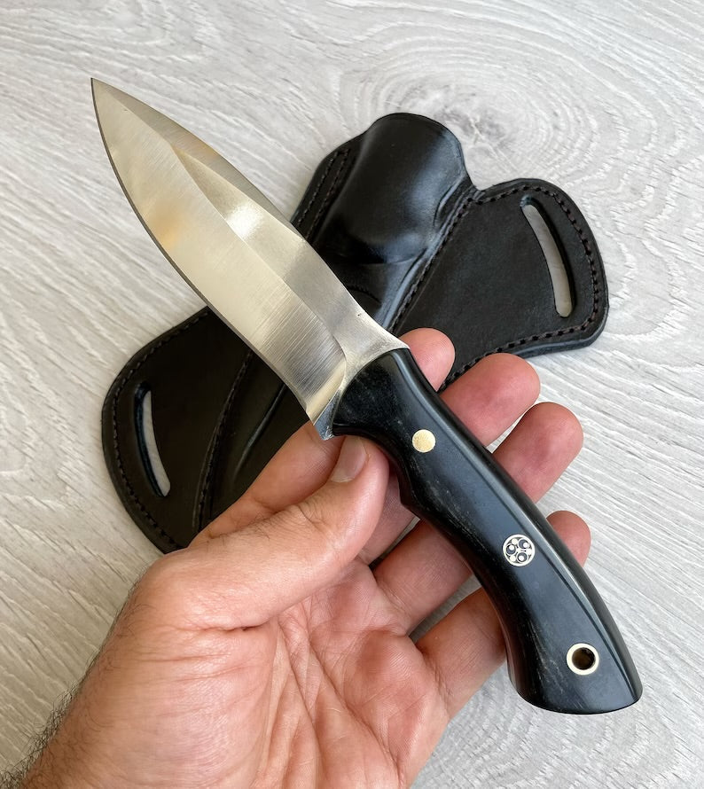 Hunting Knife 1095 Carbon Steel and Compact Buffalo horn Handle -Blacksmith Made Camping Knife - Bushcraft Knife - Survival Knife with Sheath