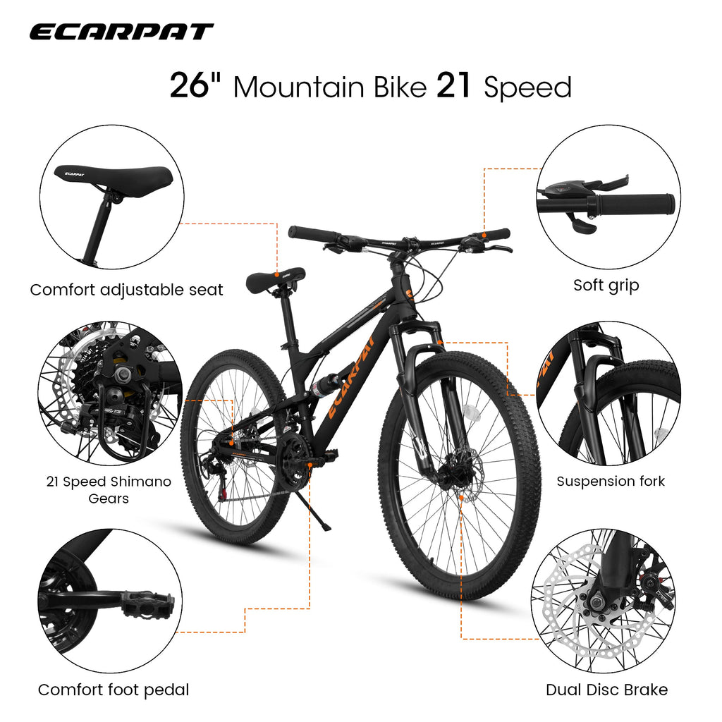 26" RidgeLine Adult Mountain Bike | 21-Speed Hardtail (Black-Orange)
