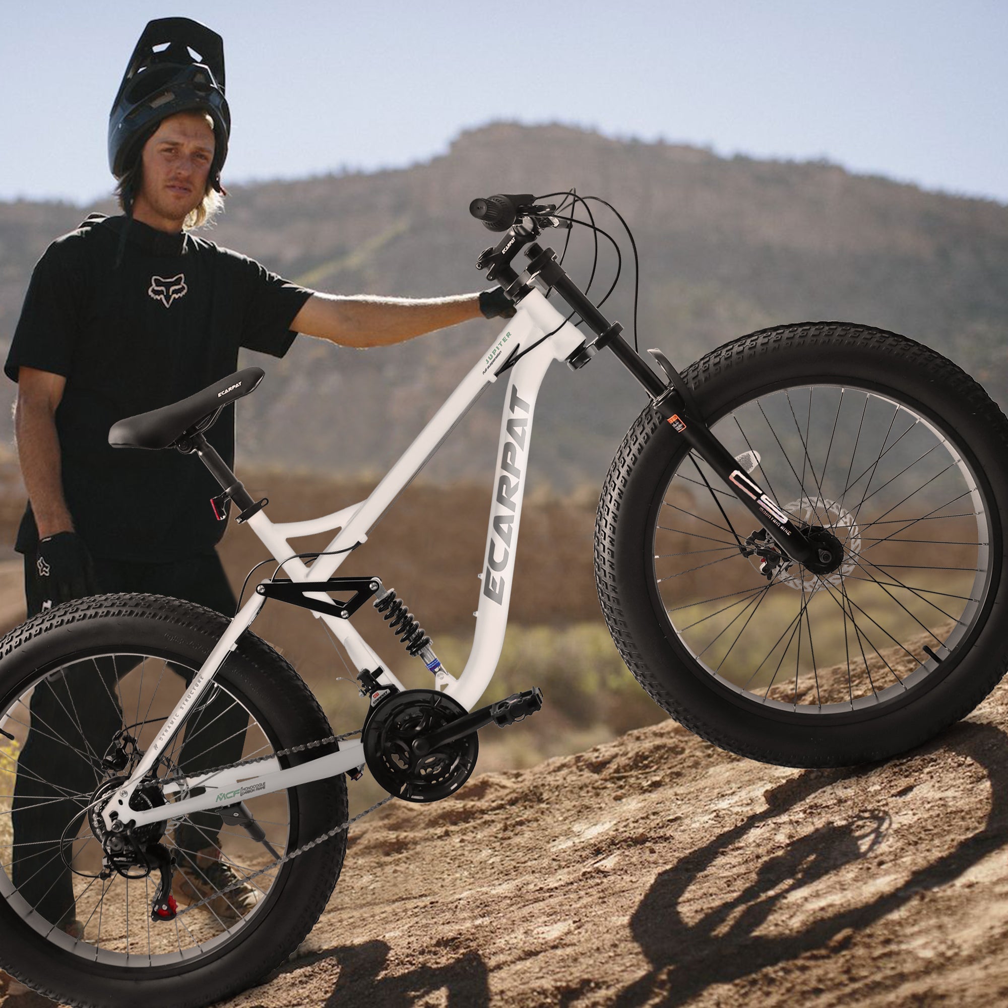 26" Men's Full-Suspension Fat Tire Mountain Bike (Black) - Shimano 21-Speed & Dual Disc Brakes
