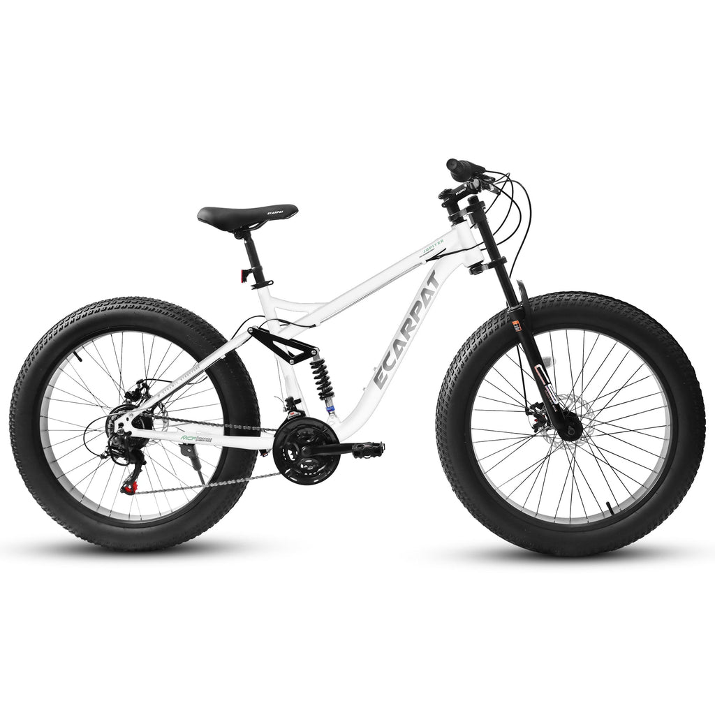 26" Men's Full-Suspension Fat Tire Mountain Bike (White) - Shimano 21-Speed & Dual Disc Brakes