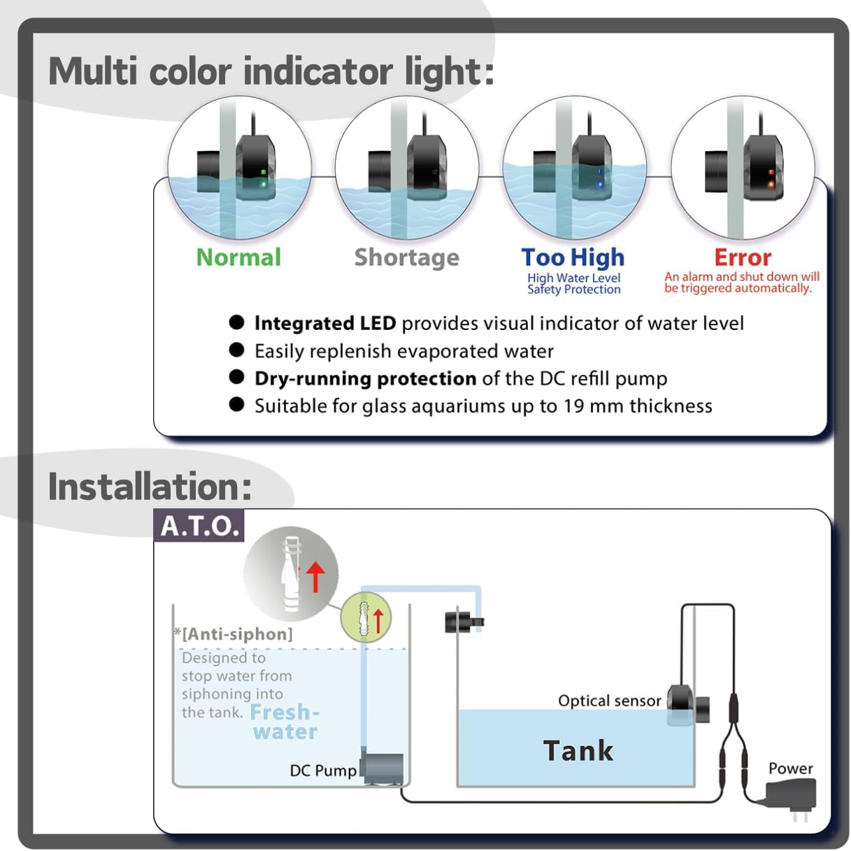 Aquarium Auto Top Off System with Triple Safety, Sealed Sensor & Magnet Mount