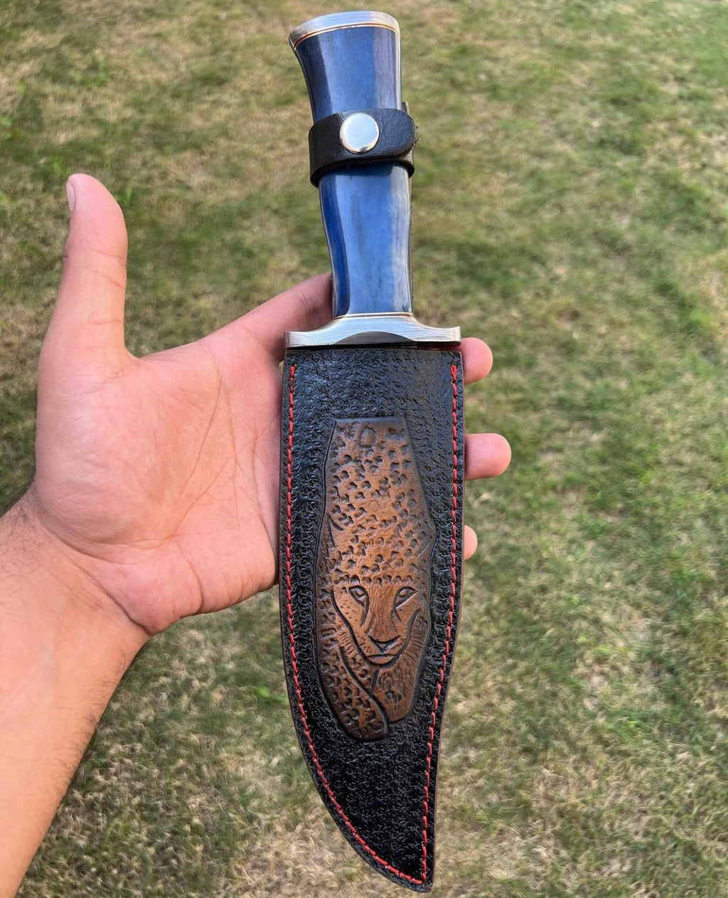 Custom Handmade Damascus Hunting Camping Knife with Stained Bone,Damascus Guard and Pommel Handle