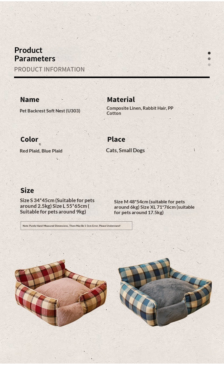 Retro Plaid All-Season Washable Pet Bed, Chew-Resistant For Small Medium Dogs & Cats