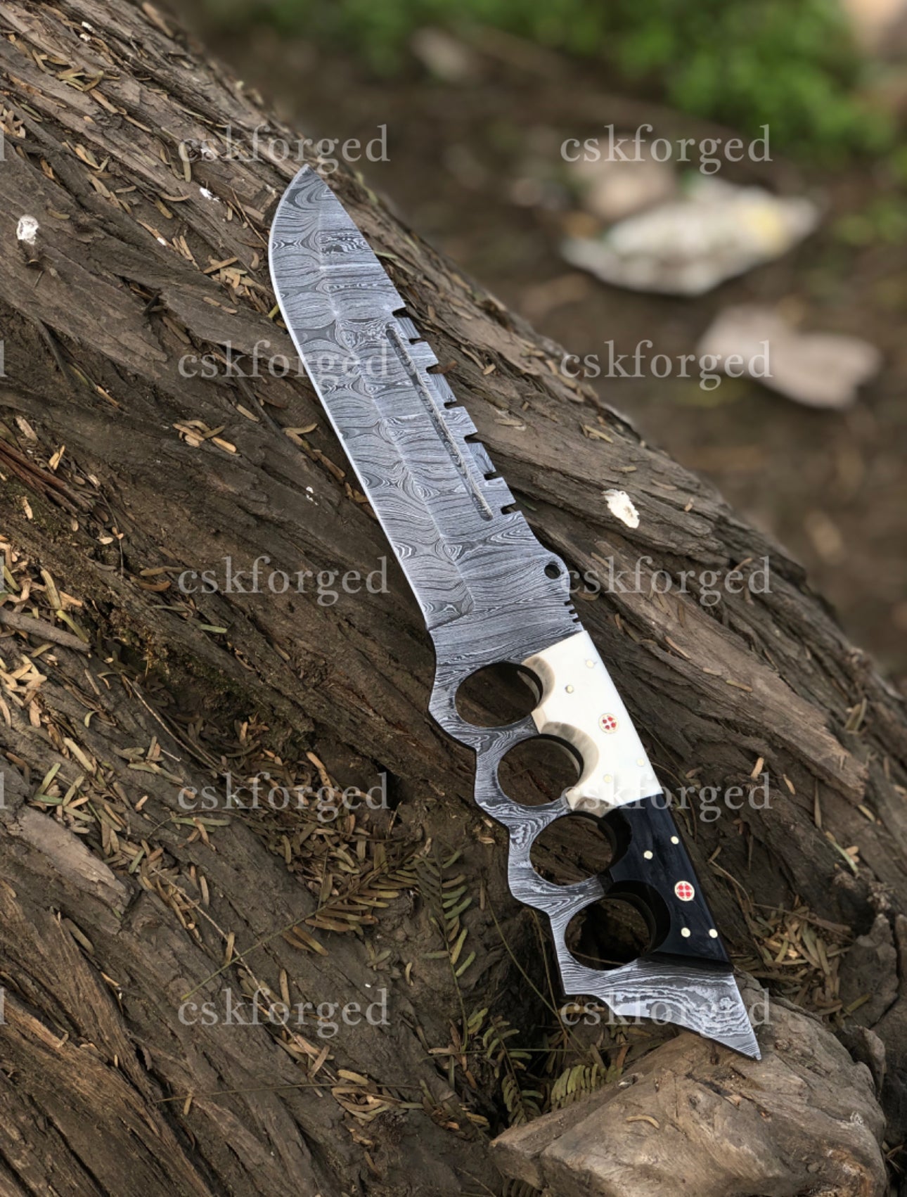 Black & White Edition Damascus Tactical Knuckle Camping Knife with Full Tang handle
