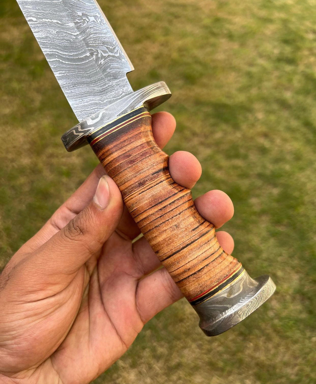 Exquisite Damascus Hunting Knife with Stacked Leather Handle | Limited Edition | cskforged store"