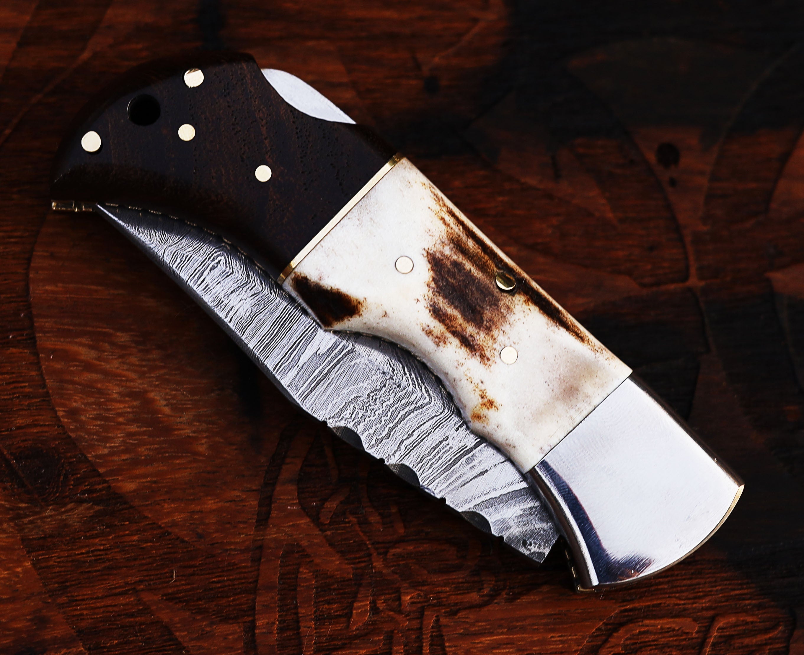 DAMASCUS STEEL POCKET KNIFE STAG AND ROSE WOOD HANDLE KNIFE HANDMADE