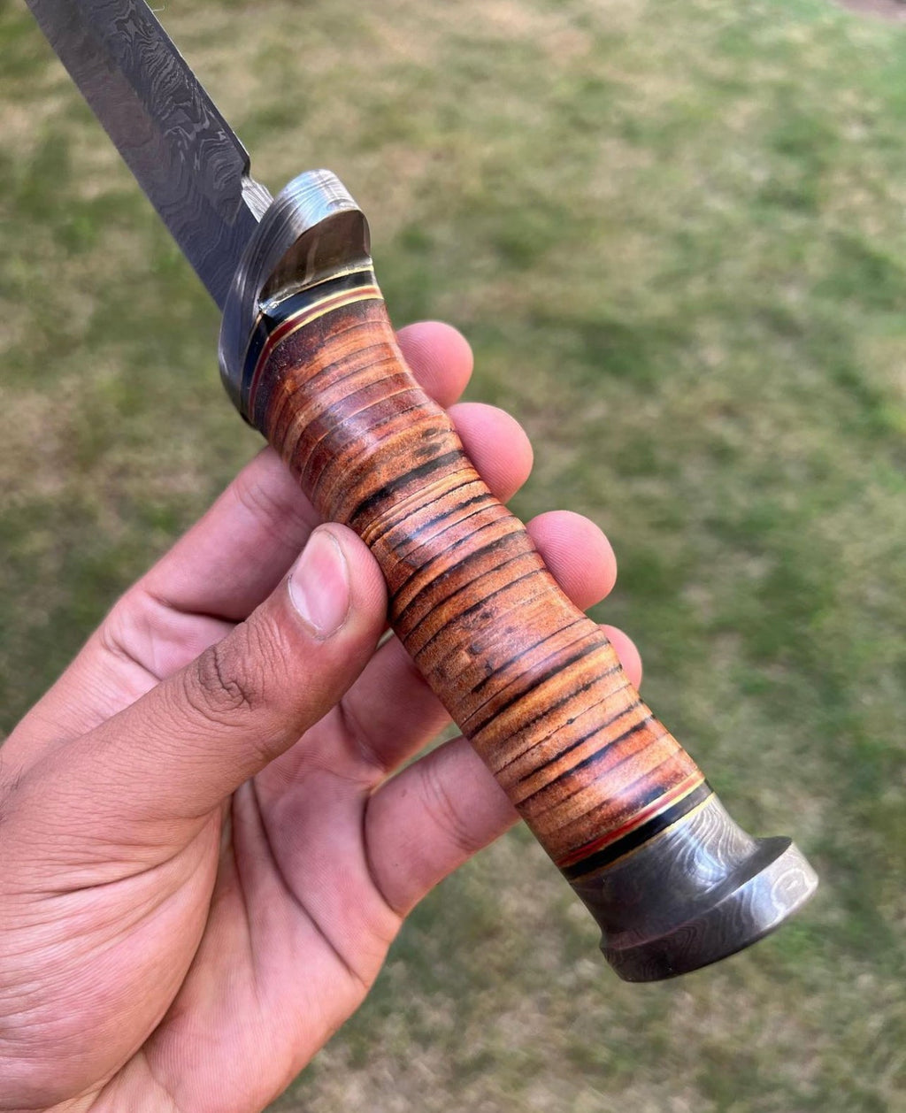 Exquisite Damascus Hunting Knife with Stacked Leather Handle | Limited Edition | cskforged store"