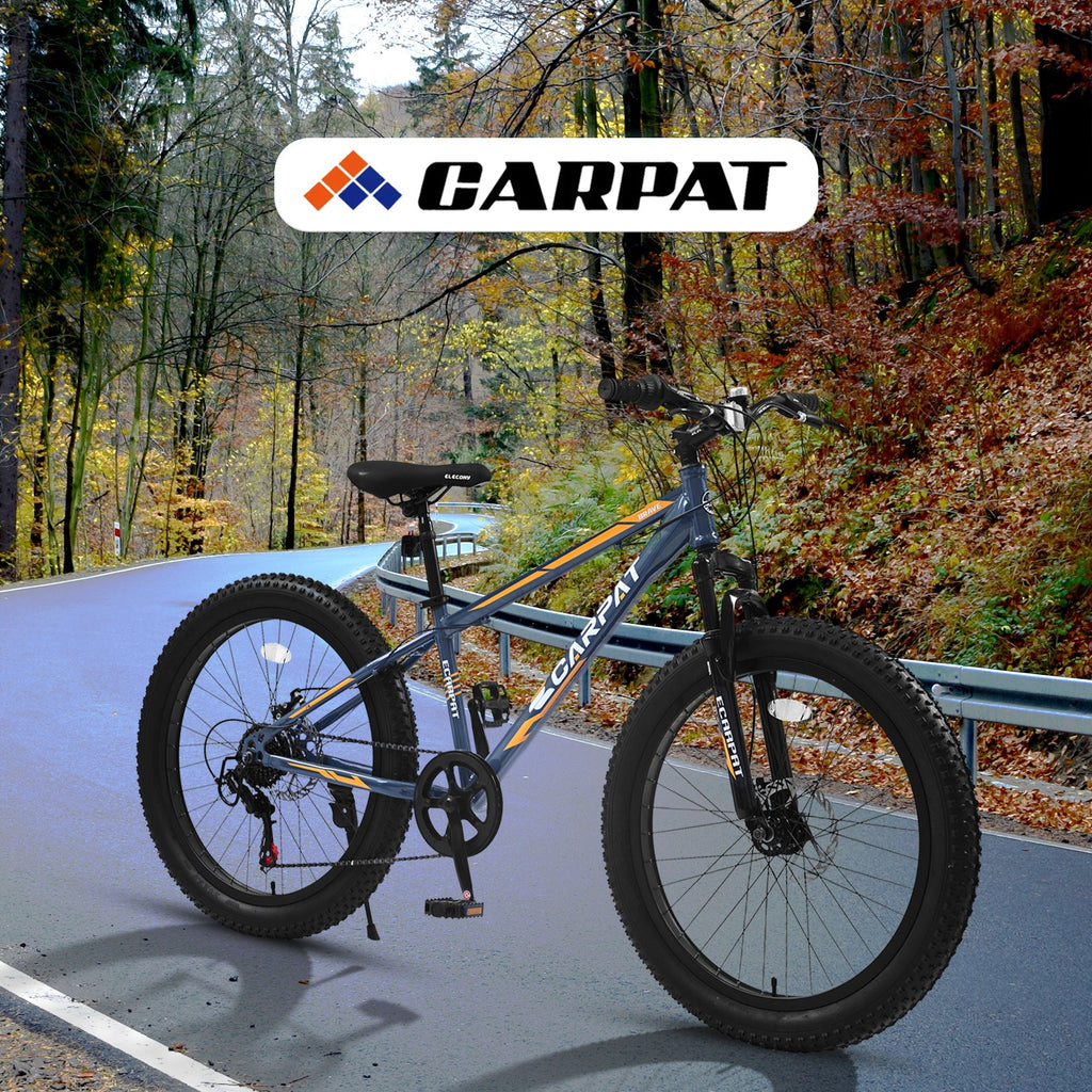 24" Elecony Youth Fat Tire Mountain Bike - Shimano 7-Speed, Dual Disc Brakes & Front Suspension
