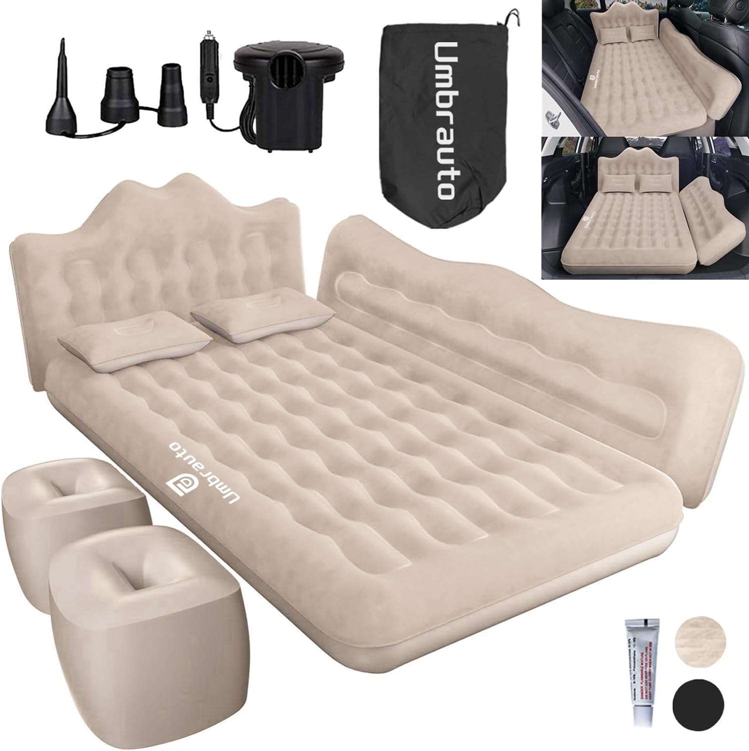 Inflatable Air Mattress for SUV, Truck & Van Camping Bed with Pump & Pillows, Beige
