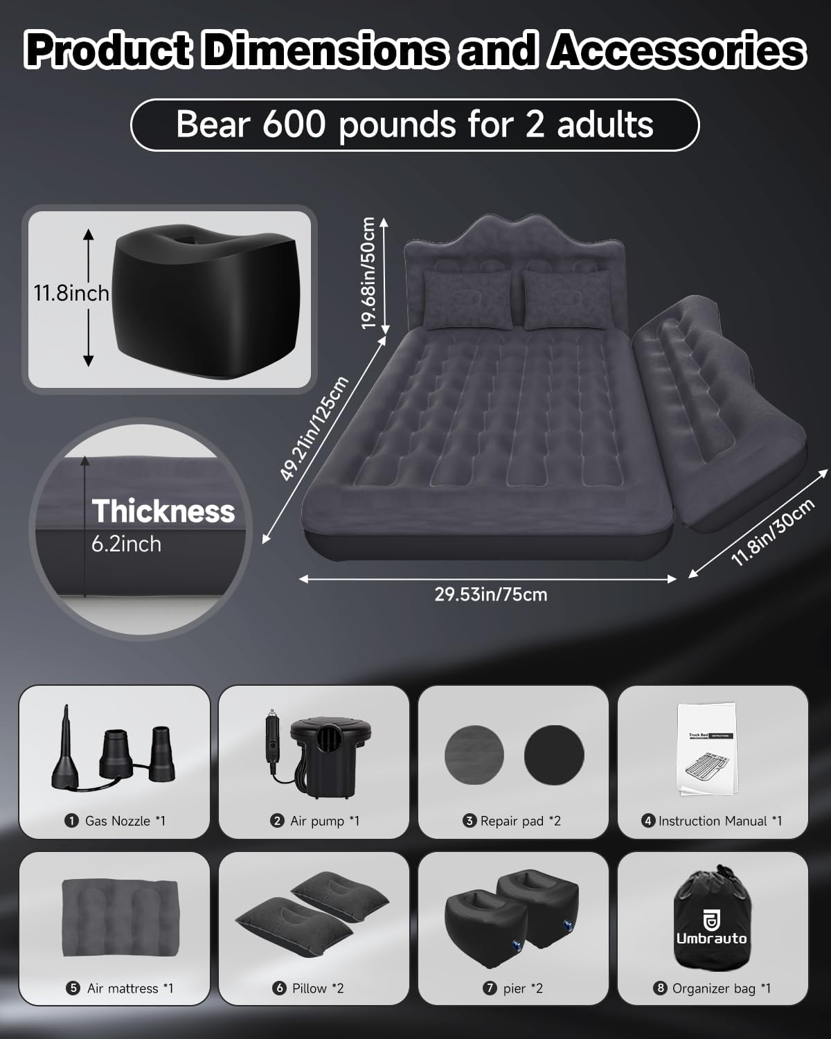Wide Air Mattress Inflatable for SUV, Truck & Van Back Seat Camping Bed with Pump & Pillows,Black