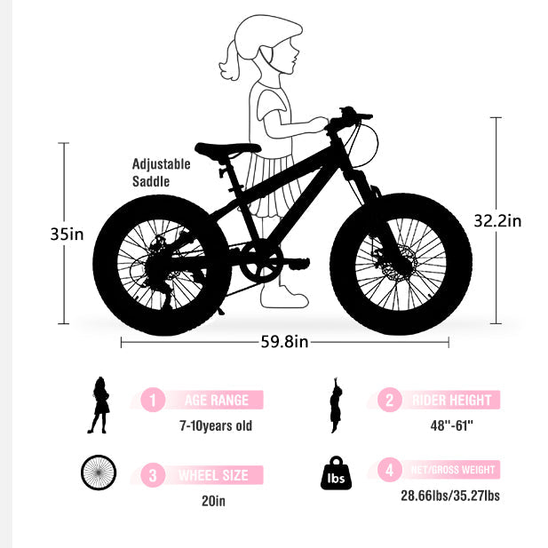 20" Kids Fat Tire Mountain Bike - 7-Speed, Front Suspension & Dual Disc Brakes