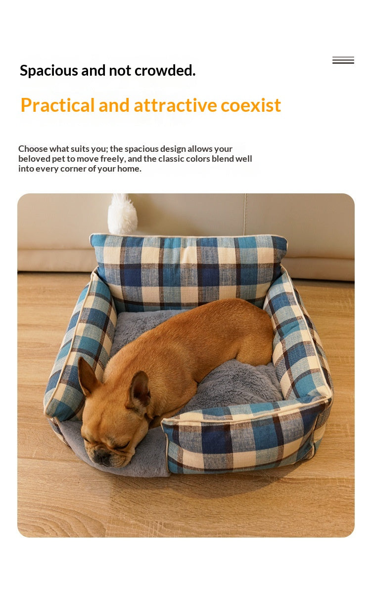Retro Plaid All-Season Washable Pet Bed, Chew-Resistant For Small Medium Dogs & Cats