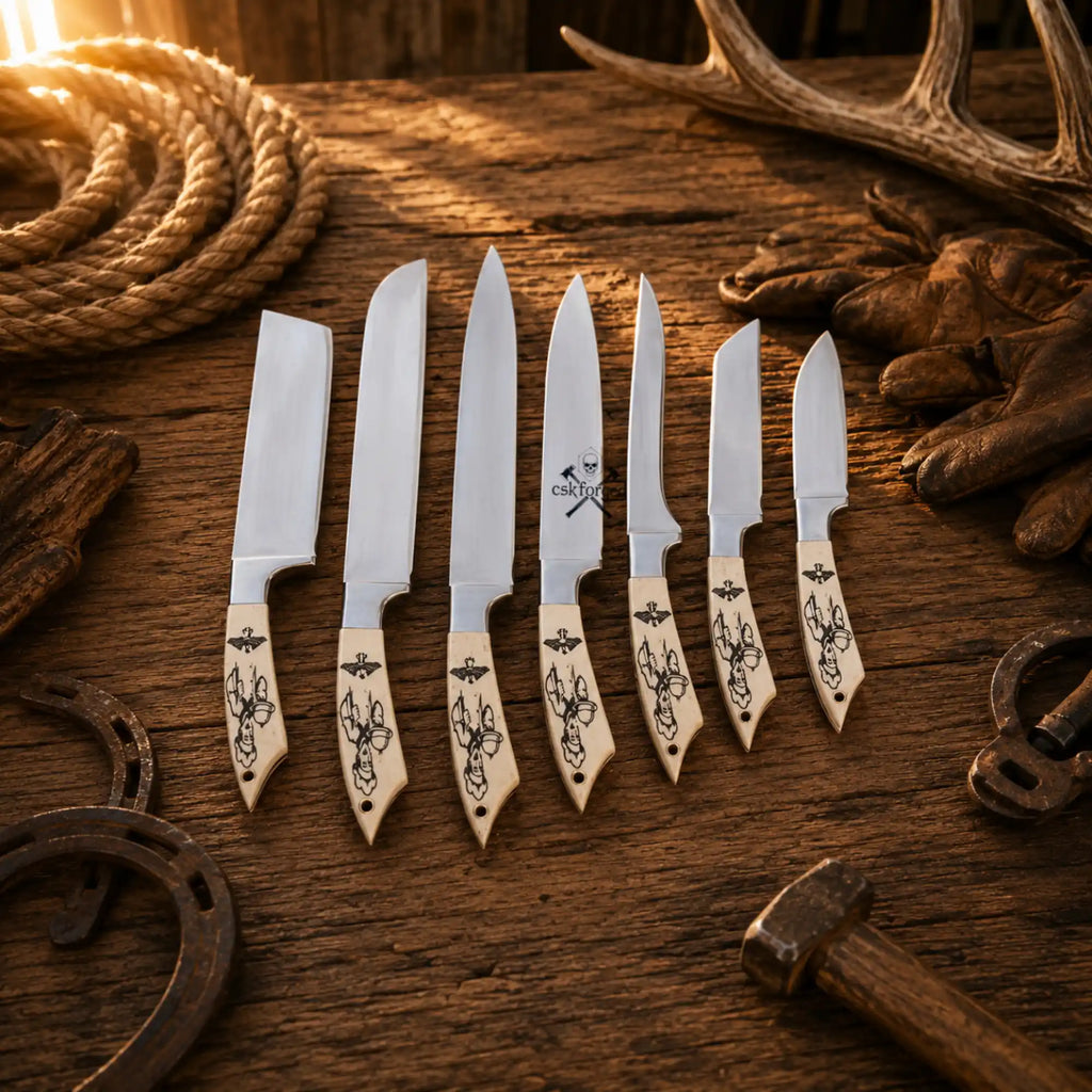 Custom Handmade 7-Piece D2 Steel Chef Knife Set – Camel Bone Handles