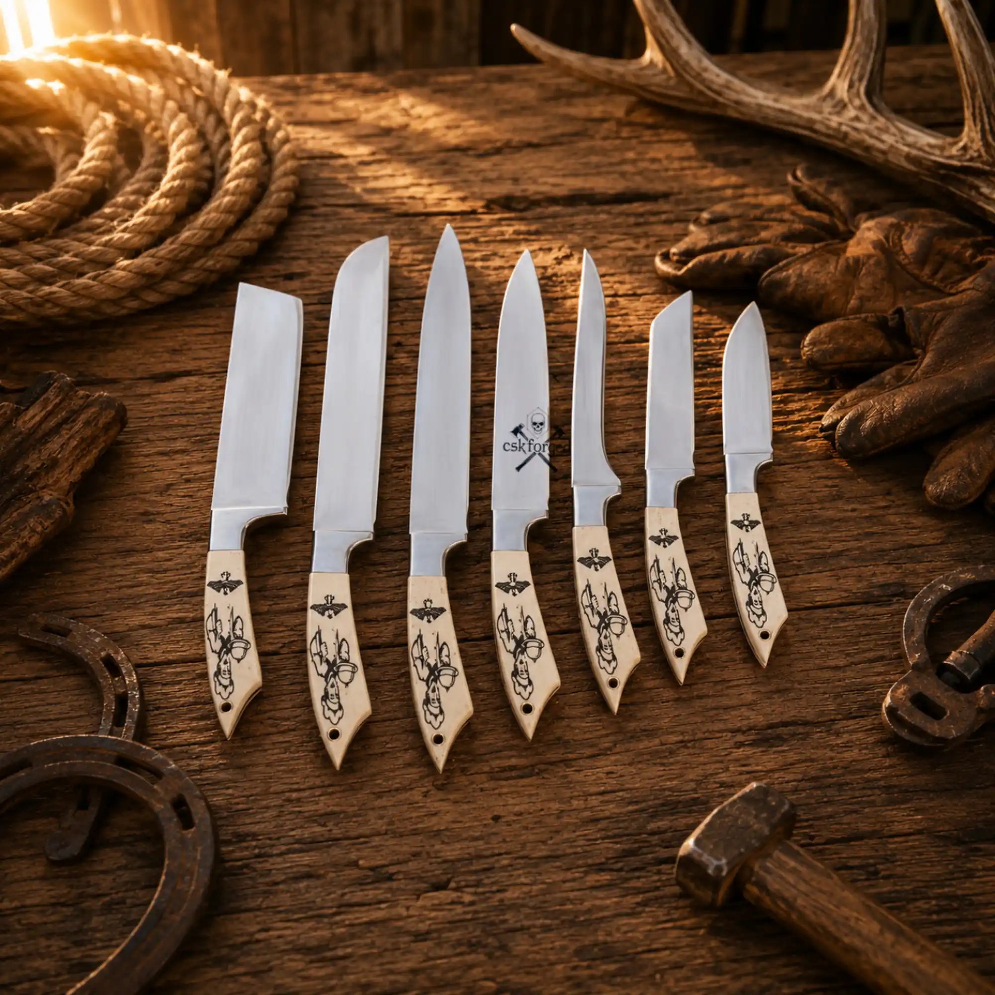 Custom Handmade 7-Piece D2 Steel Chef Knife Set – Camel Bone Handles