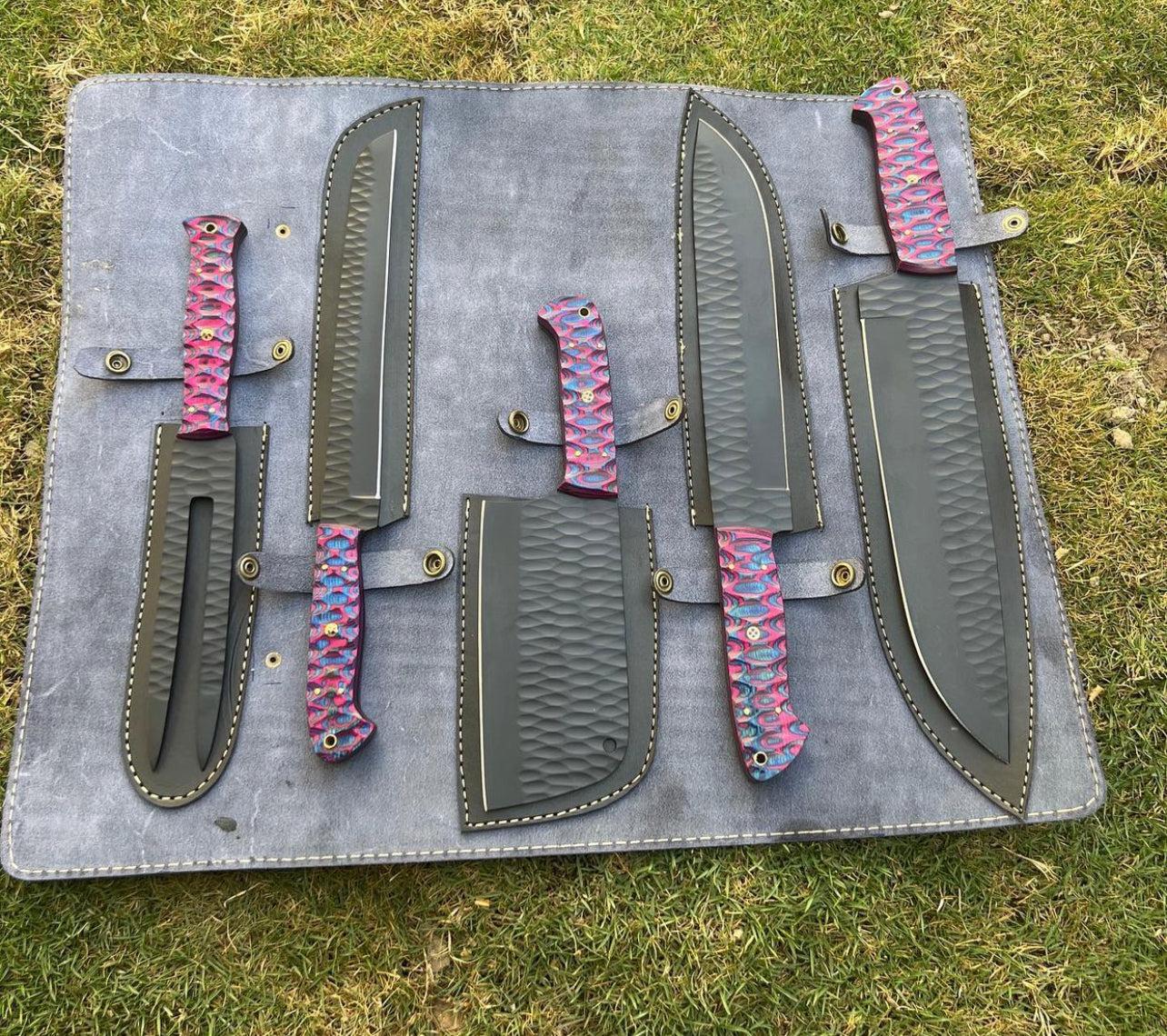 5 pieces Hand Forged Butcher kitchen chef knives & Fork set