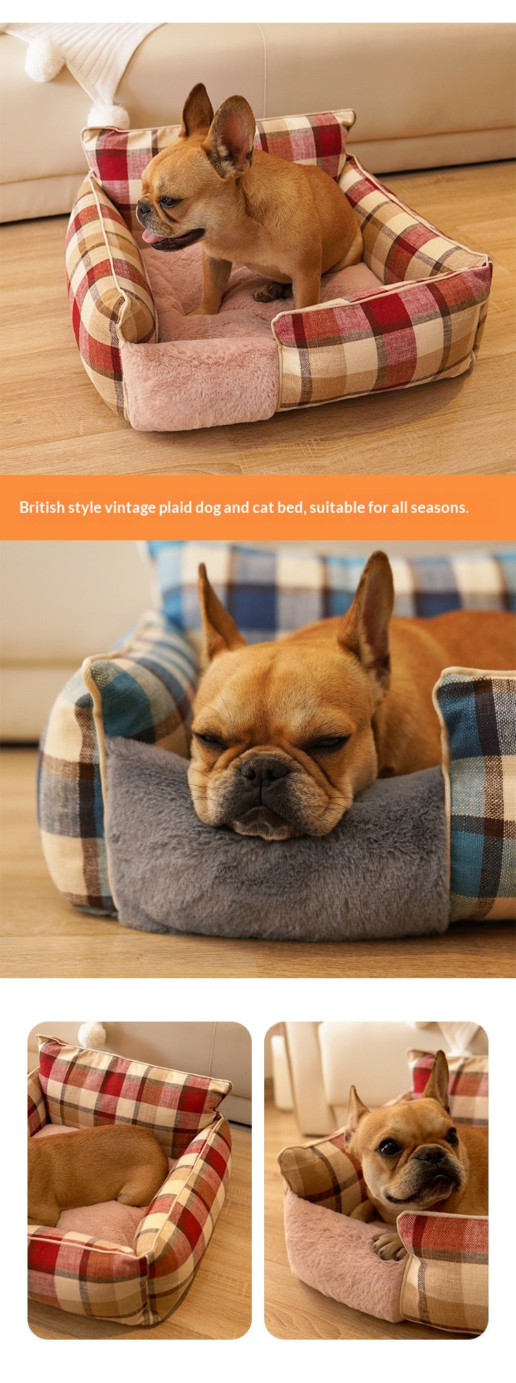 Retro Plaid All-Season Washable Pet Bed, Chew-Resistant For Small Medium Dogs & Cats