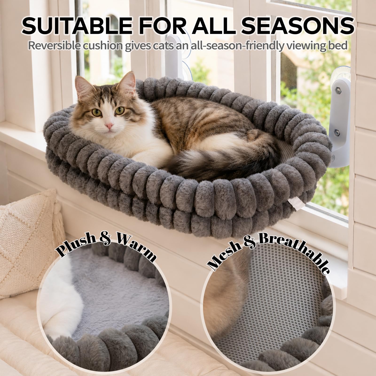 Cloud Cat Window Perch For Indoor Cats Hammock Bed Foldable Reversible Cushion Removable Washable, Breathable Soft All-Season, Sturdy Strong Suction Cups Support, Cordless