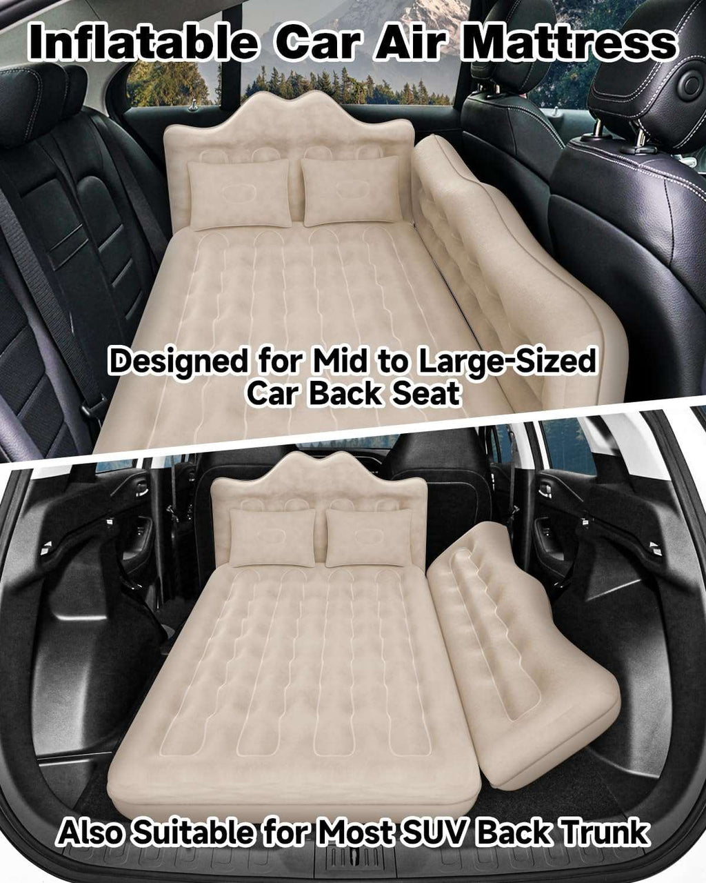 Inflatable Air Mattress for SUV, Truck & Van Camping Bed with Pump & Pillows, Beige