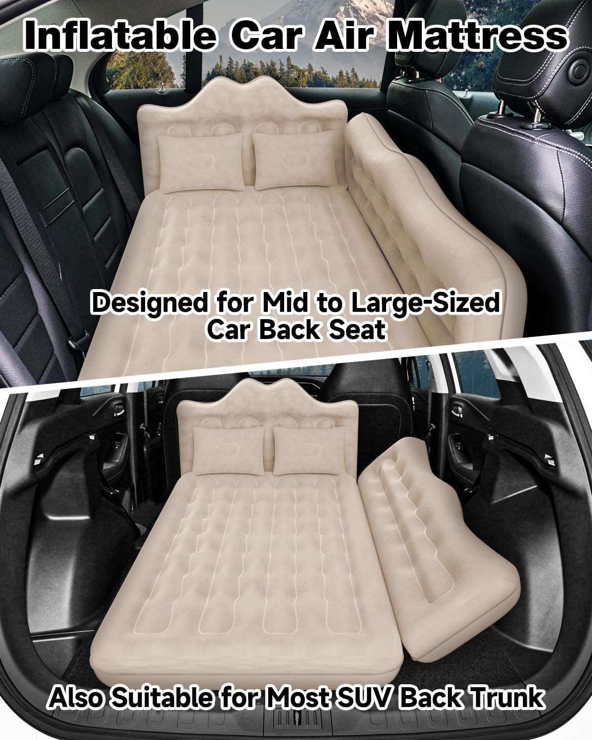 Inflatable Air Mattress for SUV, Truck & Van Camping Bed with Pump & Pillows, Beige
