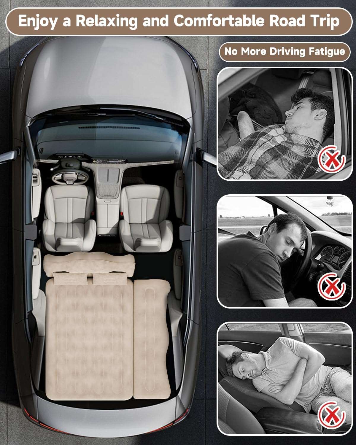 Inflatable Air Mattress for SUV, Truck & Van Camping Bed with Pump & Pillows, Beige
