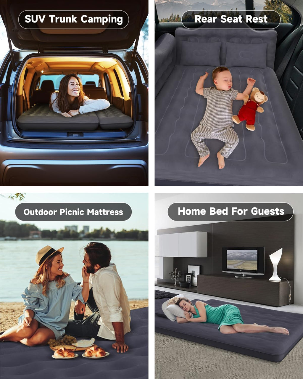 Wide Air Mattress Inflatable for SUV, Truck & Van Back Seat Camping Bed with Pump & Pillows,Black