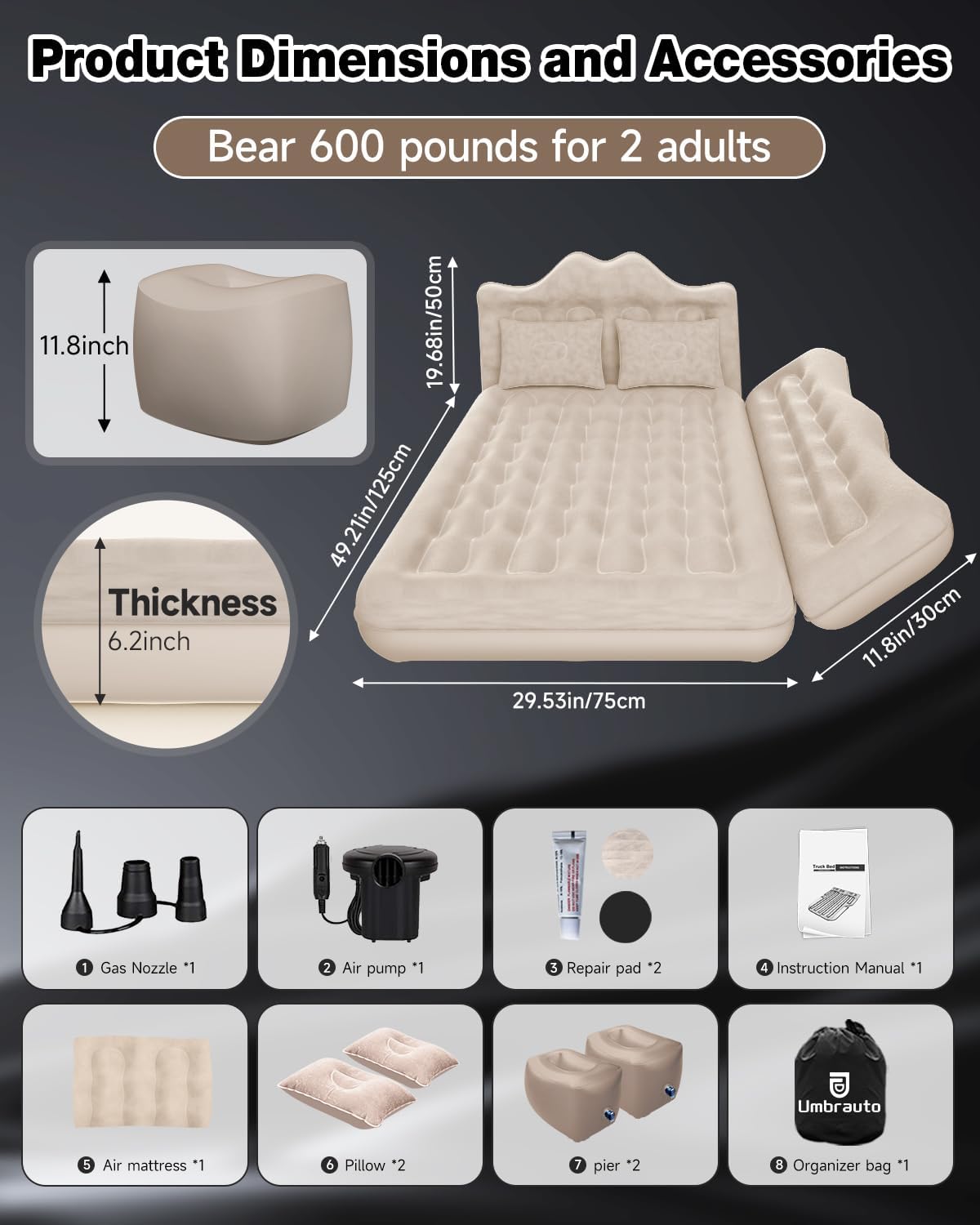 Inflatable Air Mattress for SUV, Truck & Van Camping Bed with Pump & Pillows, Beige