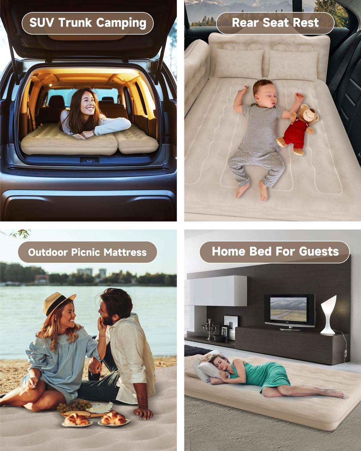 Inflatable Air Mattress for SUV, Truck & Van Camping Bed with Pump & Pillows, Beige