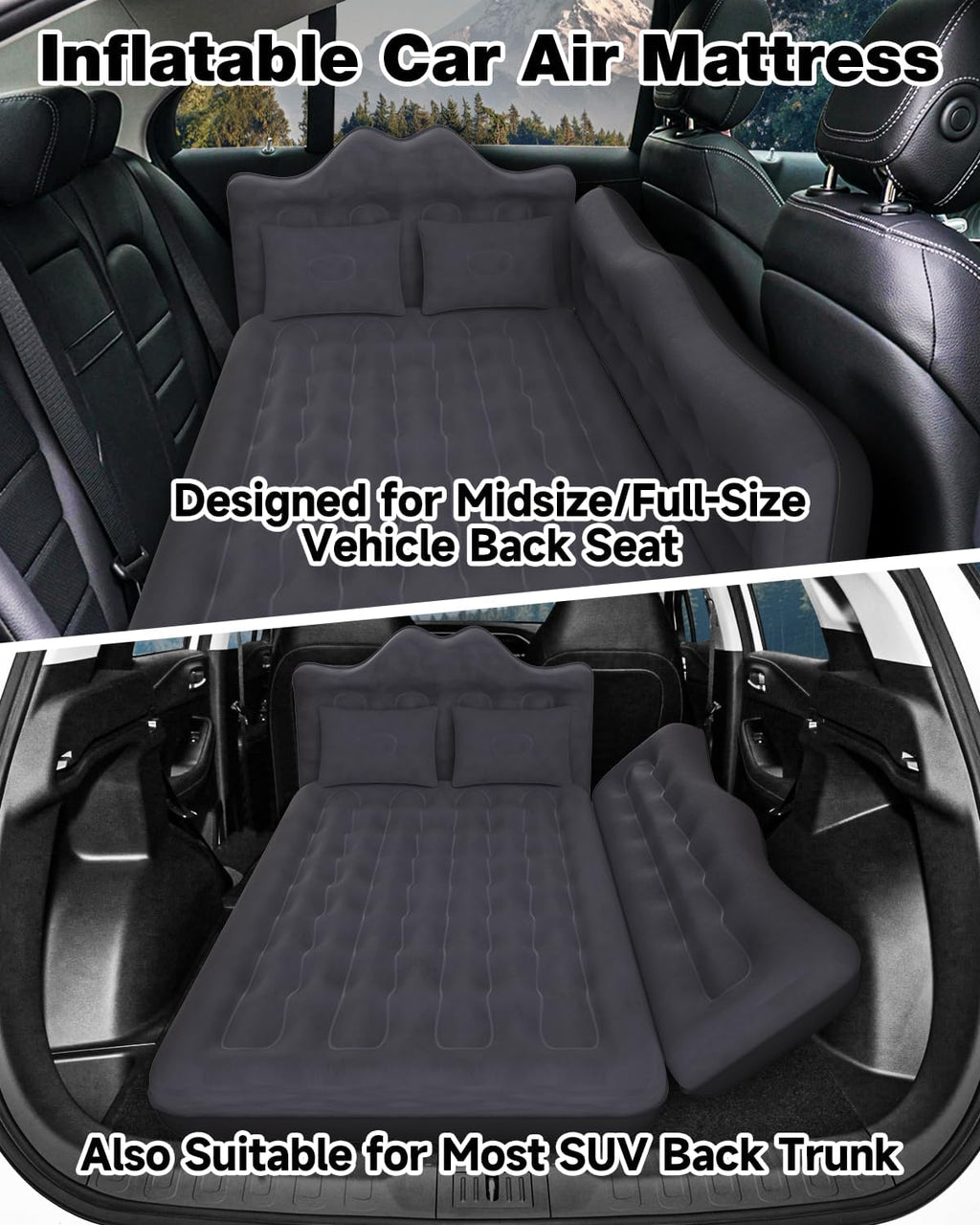 Wide Air Mattress Inflatable for SUV, Truck & Van Back Seat Camping Bed with Pump & Pillows,Black